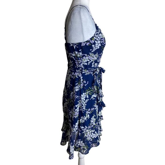B. DARLIN Mini Dress with Belt Lilac Floral Print Cottagecore Faux Wrap JRS Sz M - Picture 6 of 8